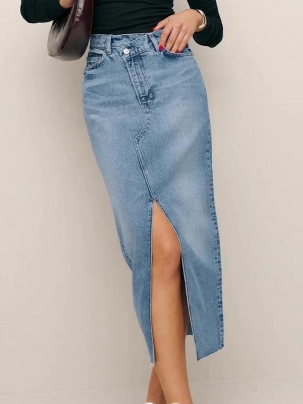 Reformation Light Blue Denim Midi Skirt with Center Front Slit